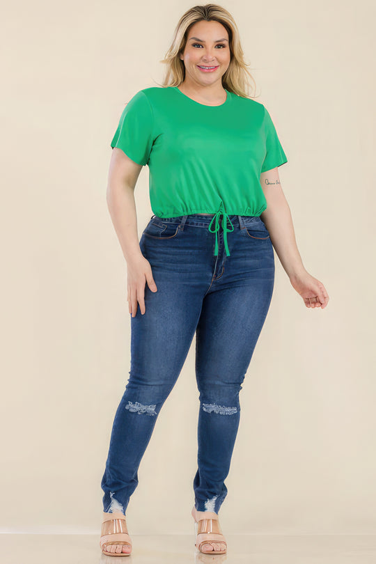 Plus Size Tie Front Drawstring Short Sleeve Crop Top - Love it Curvy