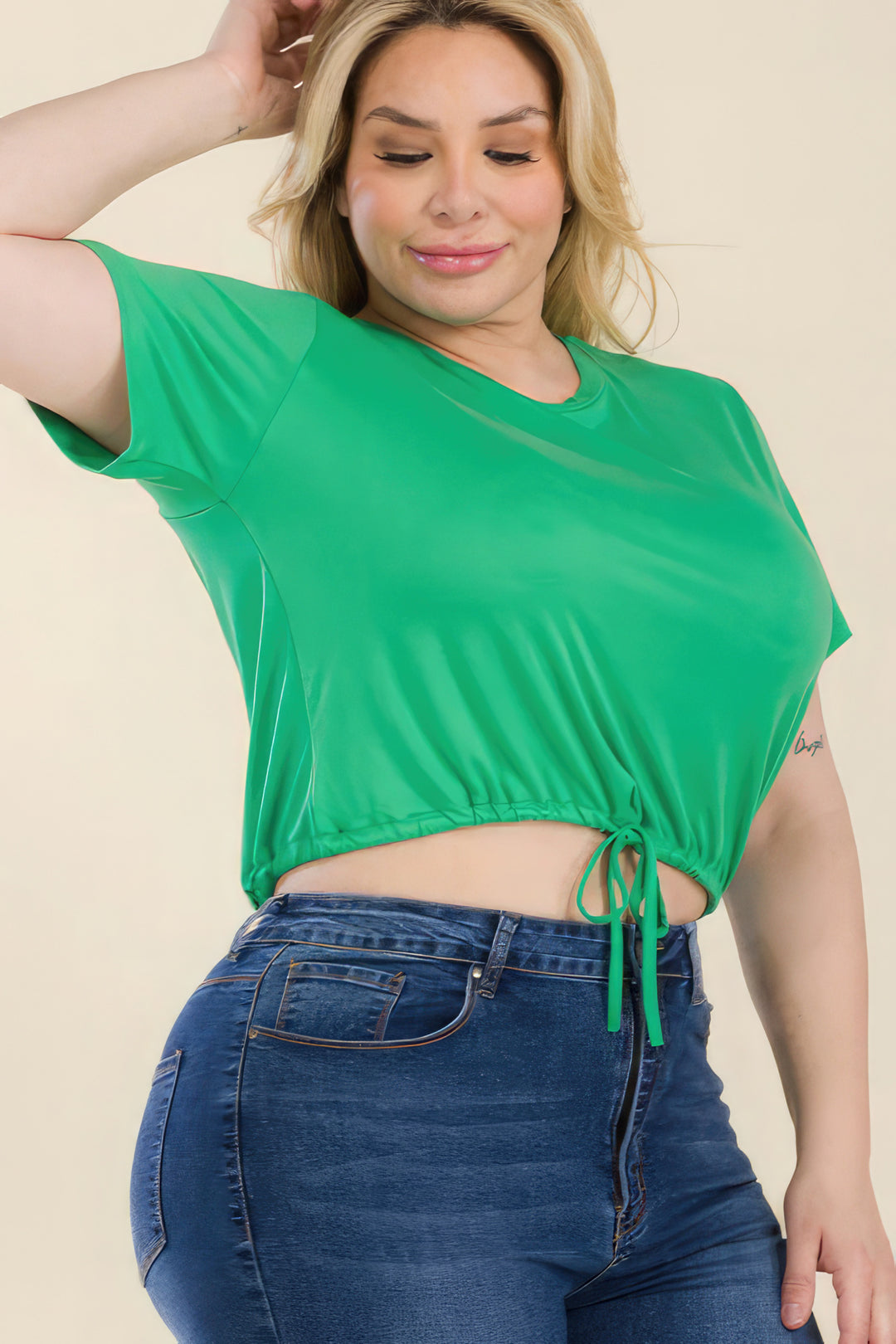 Plus Size Tie Front Drawstring Short Sleeve Crop Top - Love it Curvy