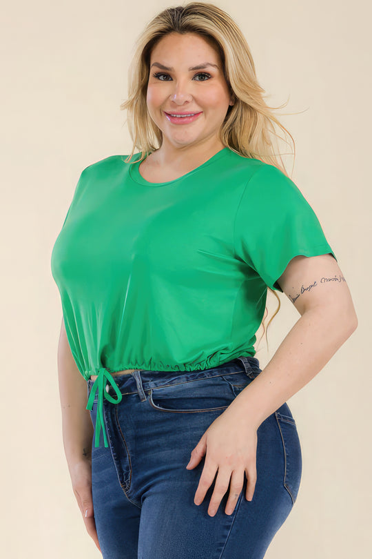 Plus Size Tie Front Drawstring Short Sleeve Crop Top - Love it Curvy
