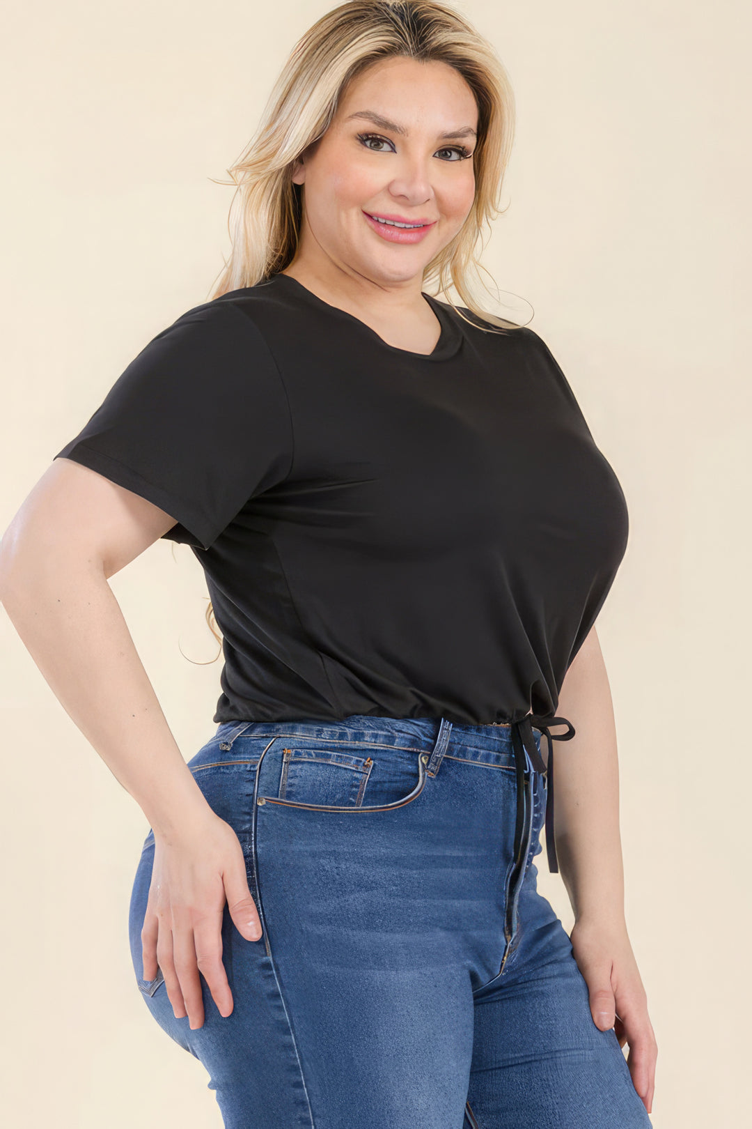 Plus Size Tie Front Drawstring Short Sleeve Crop Top - Love it Curvy