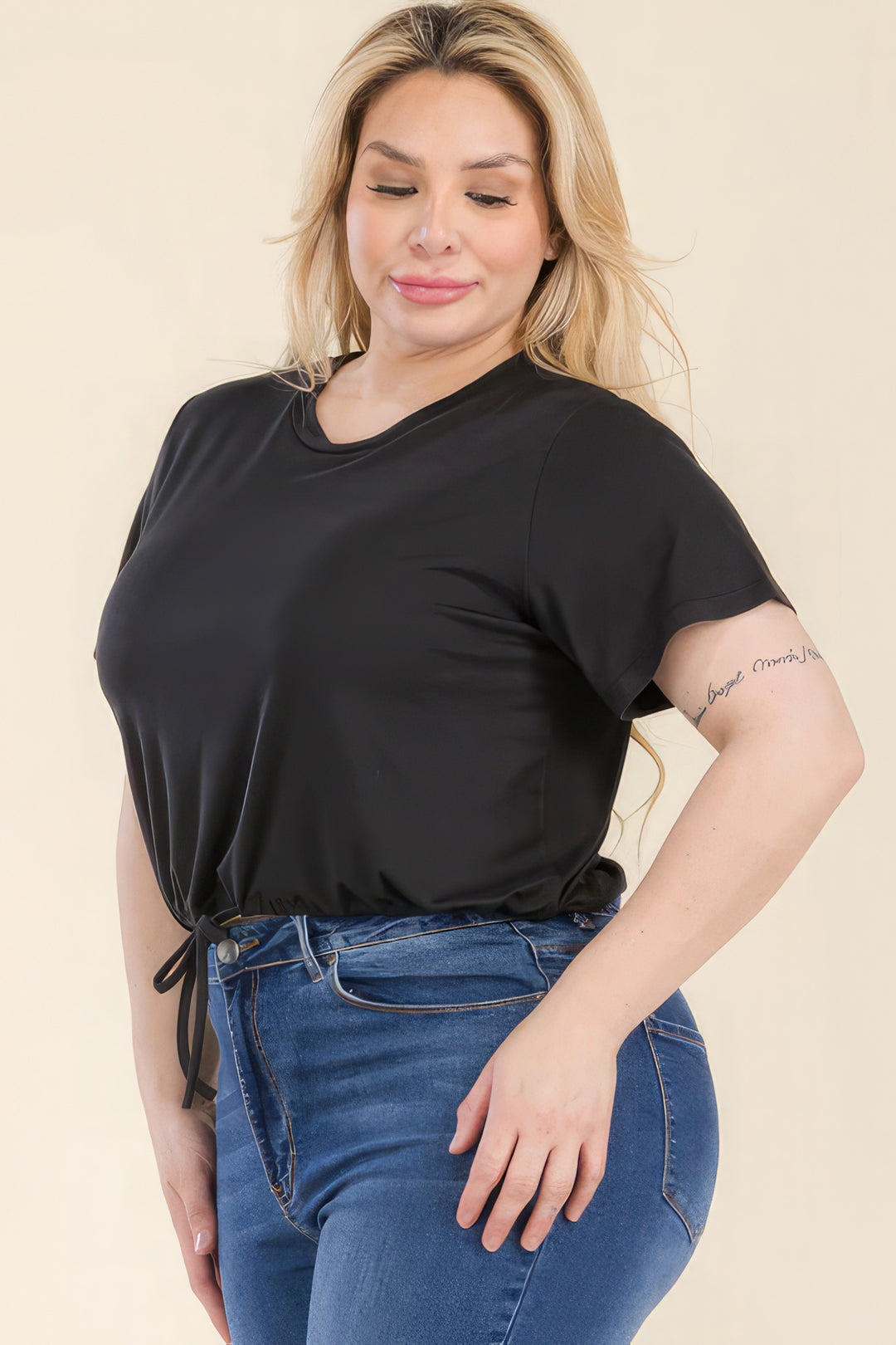 Plus Size Tie Front Drawstring Short Sleeve Crop Top - Love it Curvy