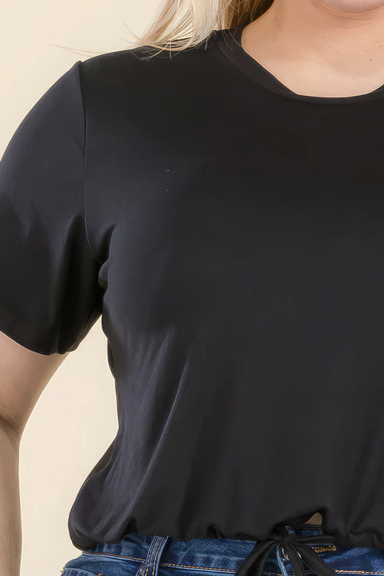 Plus Size Tie Front Drawstring Short Sleeve Crop Top - Love it Curvy