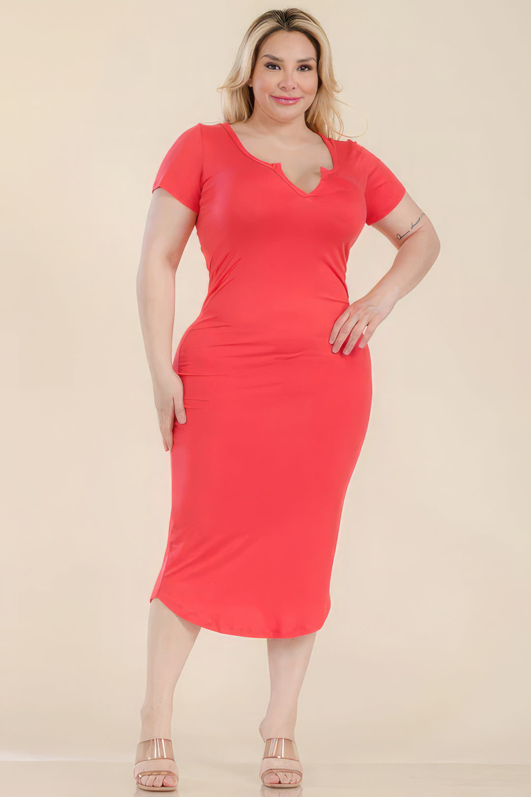 Plus Size Split Neck Bodycon Midi Dress - Love it Curvy