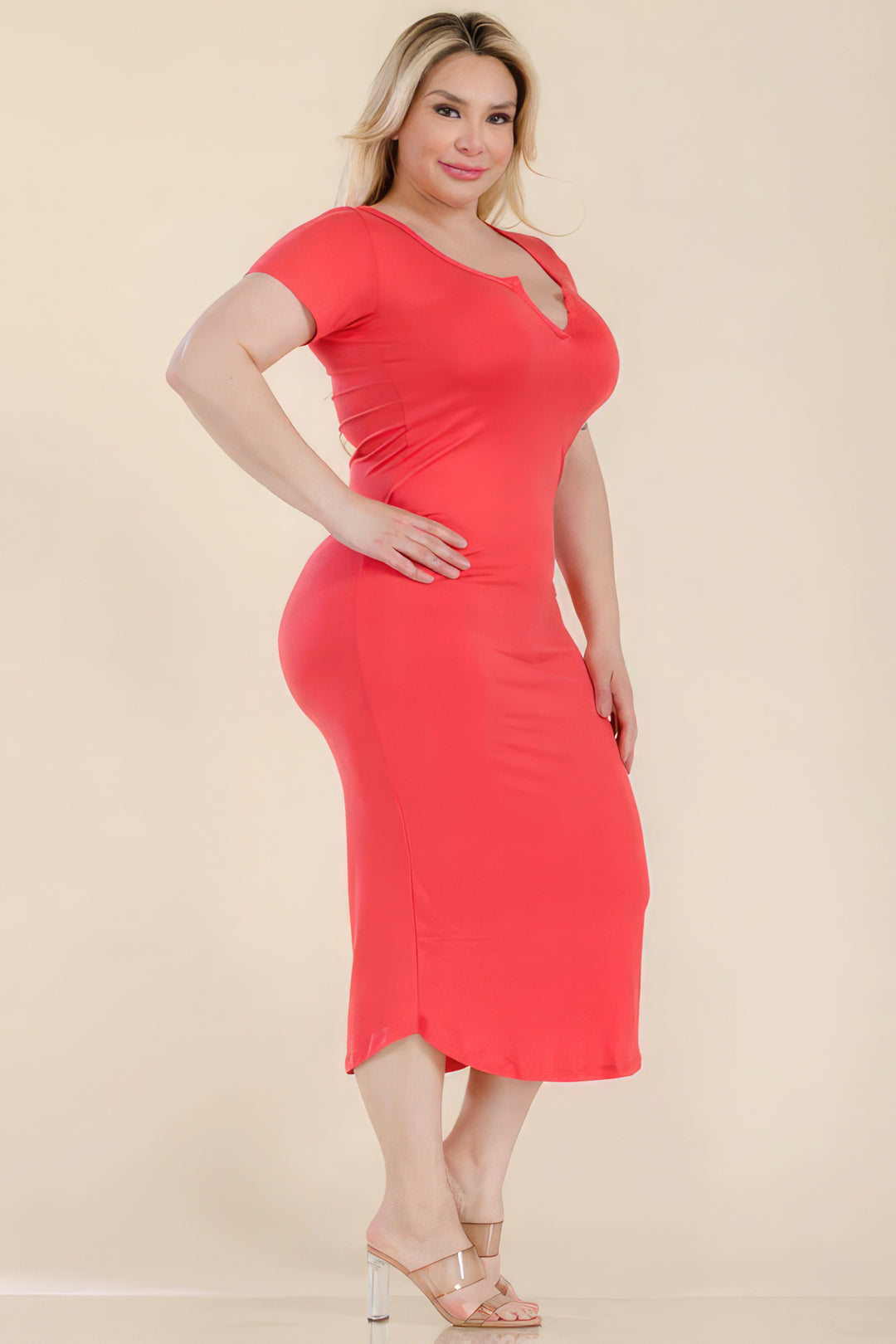 Plus Size Split Neck Bodycon Midi Dress - Love it Curvy