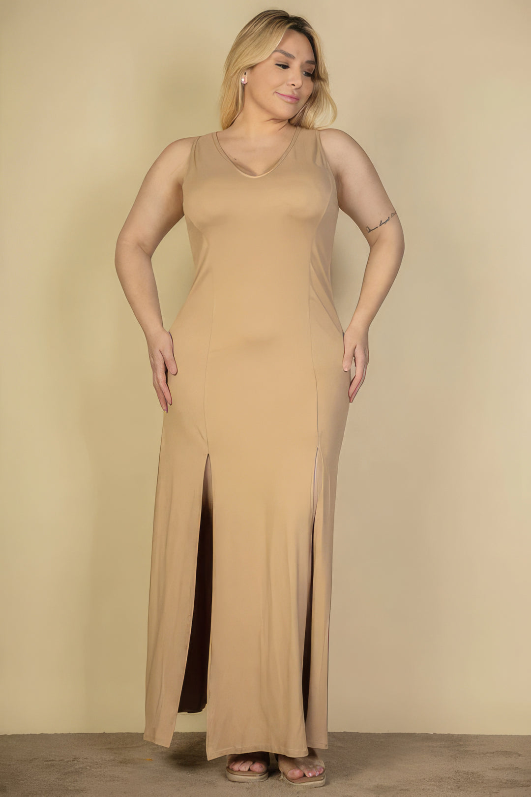 Plus Size Plunge Neck Thigh Split Maxi Dress - Love it Curvy