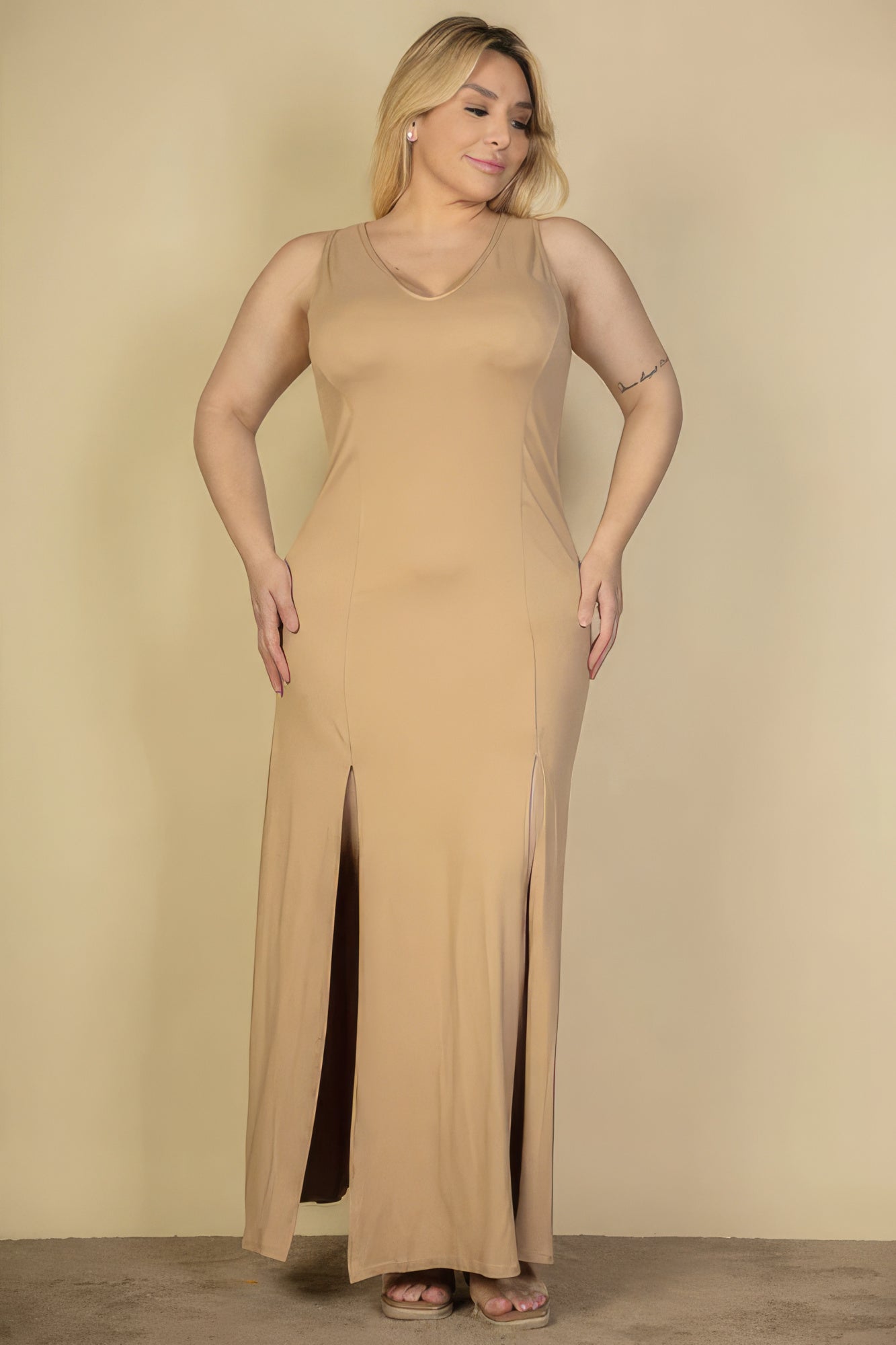 Plus Size Plunge Neck Thigh Split Maxi Dress - Love it Curvy
