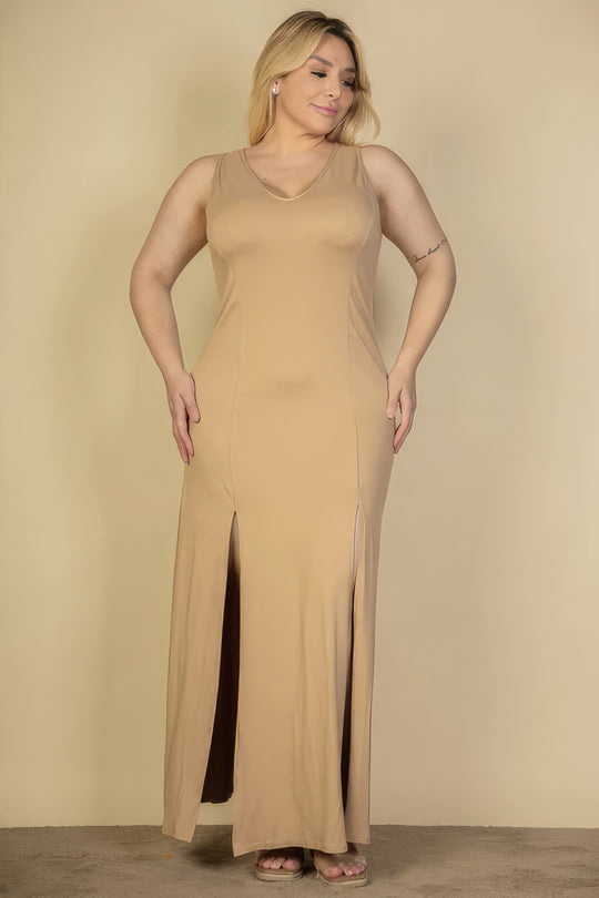 Plus Size Plunge Neck Thigh Split Maxi Dress - Love it Curvy