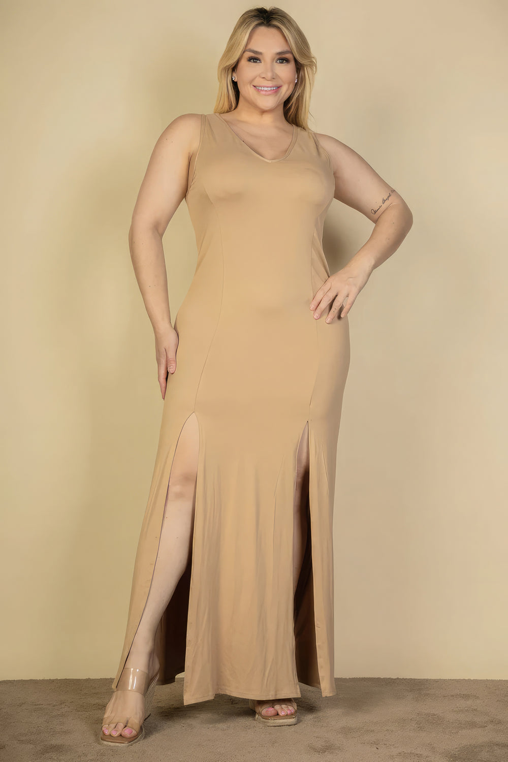 Plus Size Plunge Neck Thigh Split Maxi Dress - Love it Curvy