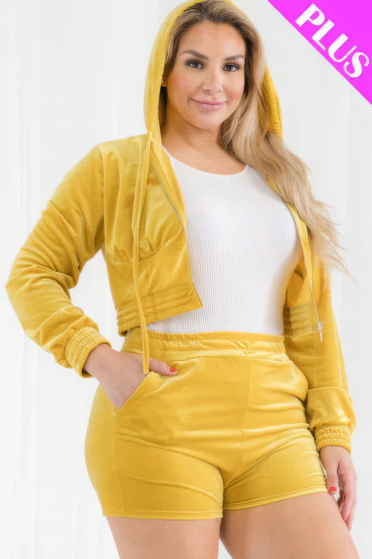 Plus Size Velour Crop Zip Up Hoodie And Shorts Set - Love it Curvy