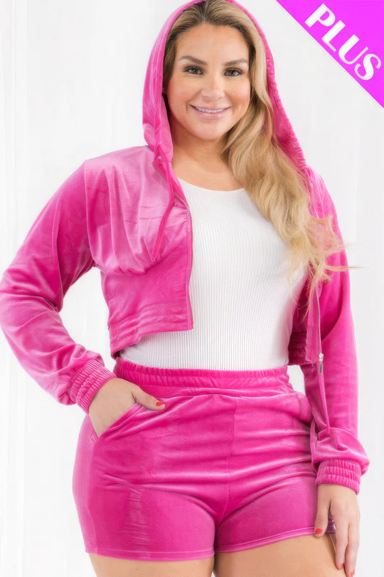 Plus Size Velour Crop Zip Up Hoodie And Shorts Set - Love it Curvy