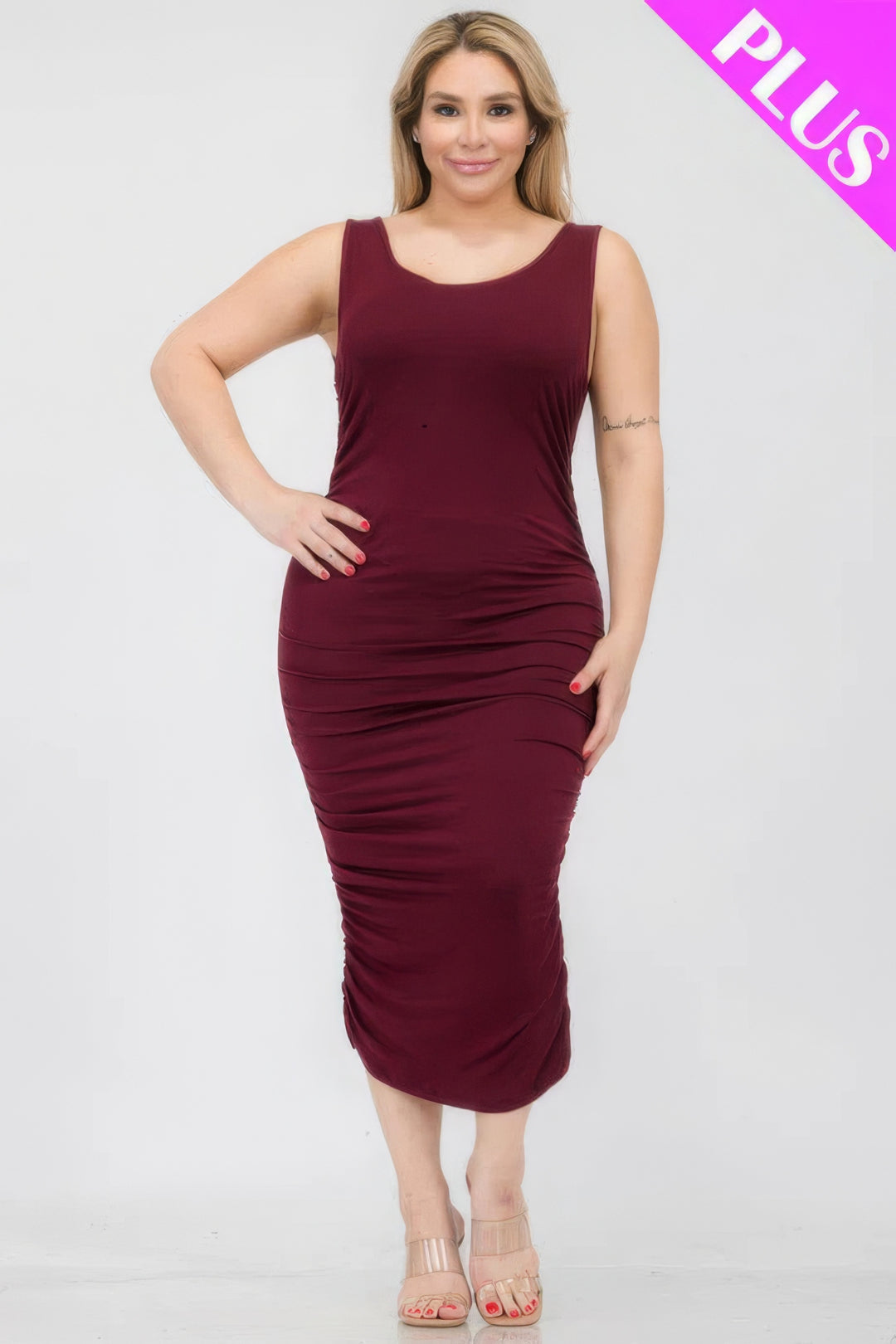 Plus Size Square Neck Ruched Bodycon Midi Dress - Love it Curvy