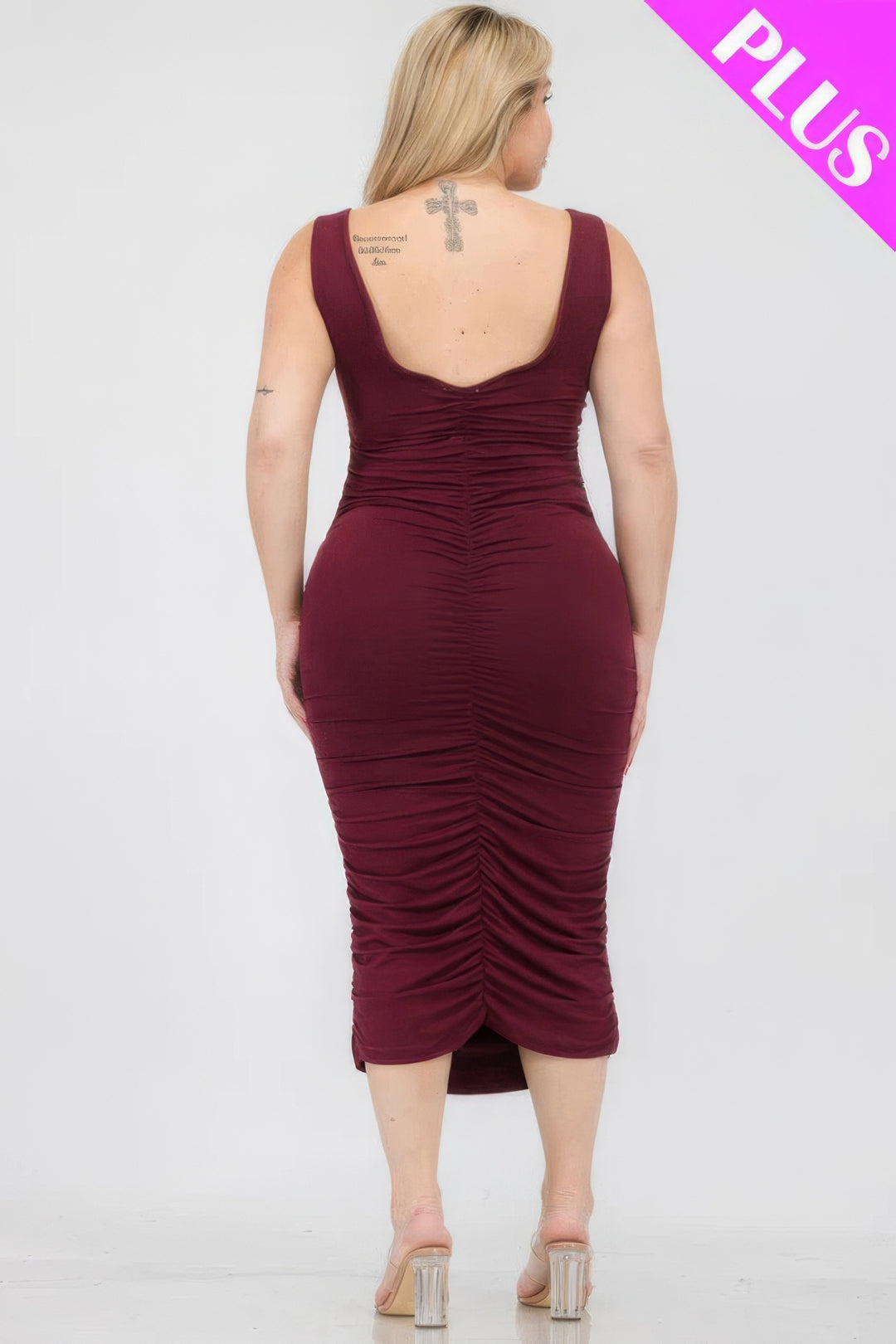 Plus Size Square Neck Ruched Bodycon Midi Dress - Love it Curvy