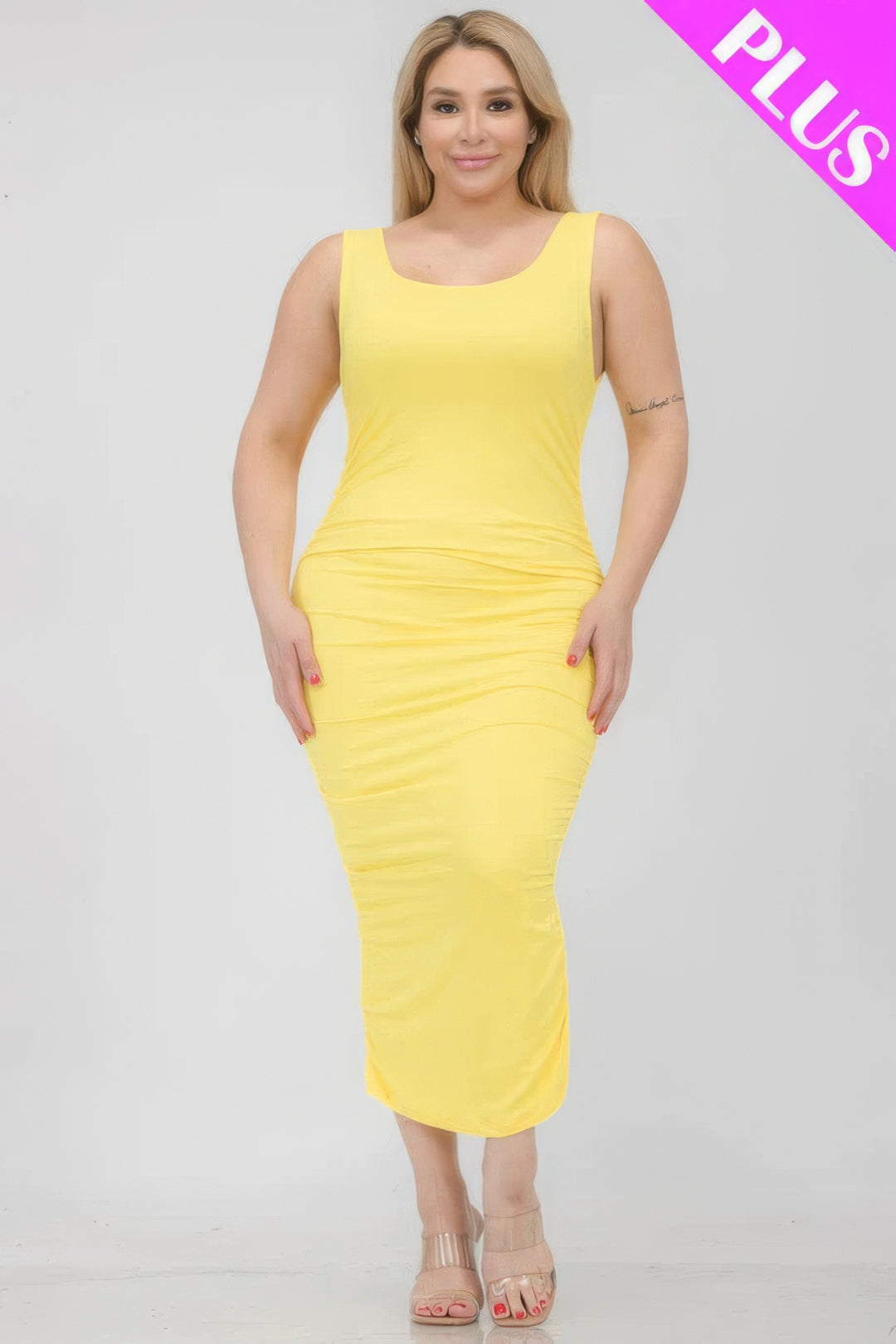 Plus Size Square Neck Ruched Bodycon Midi Dress - Love it Curvy