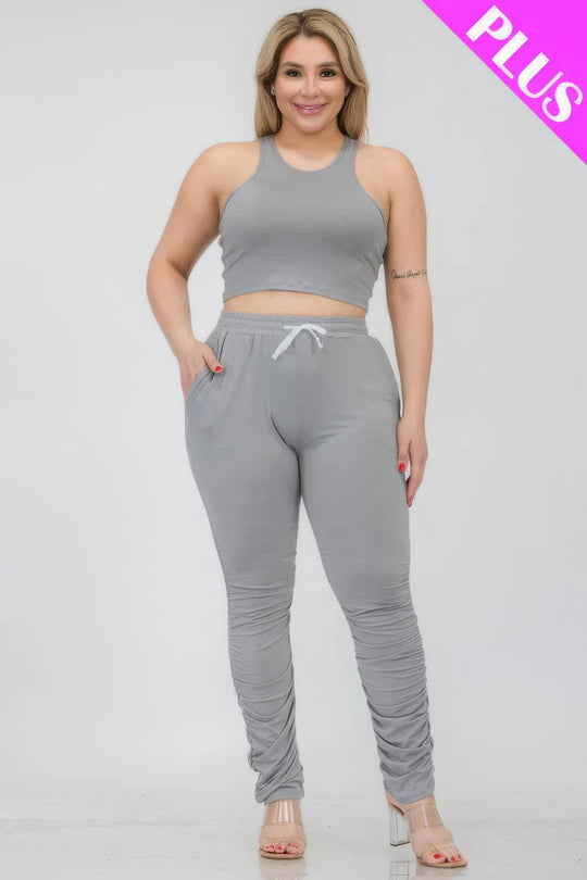 Plus Size Crop Tank Top & Ruched Pants Set - Love it Curvy