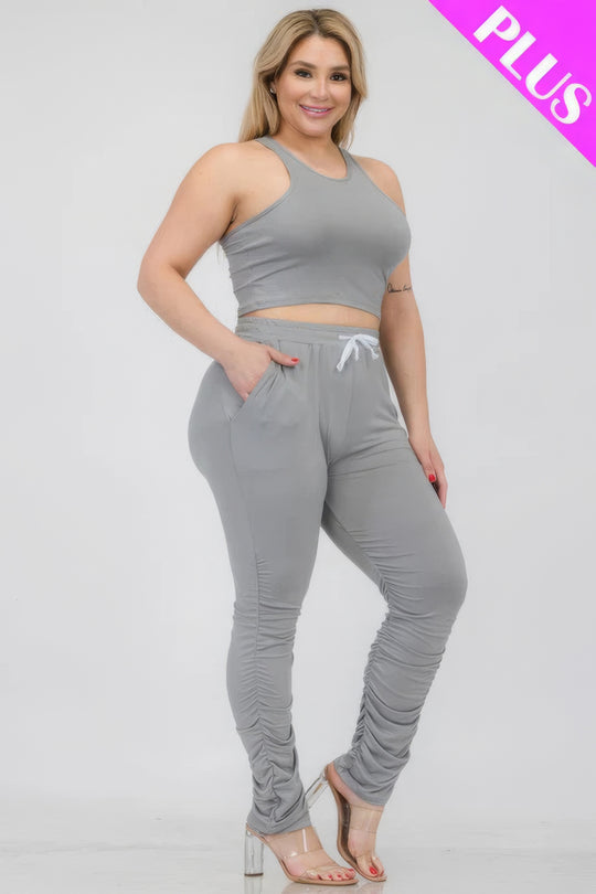 Plus Size Crop Tank Top & Ruched Pants Set - Love it Curvy