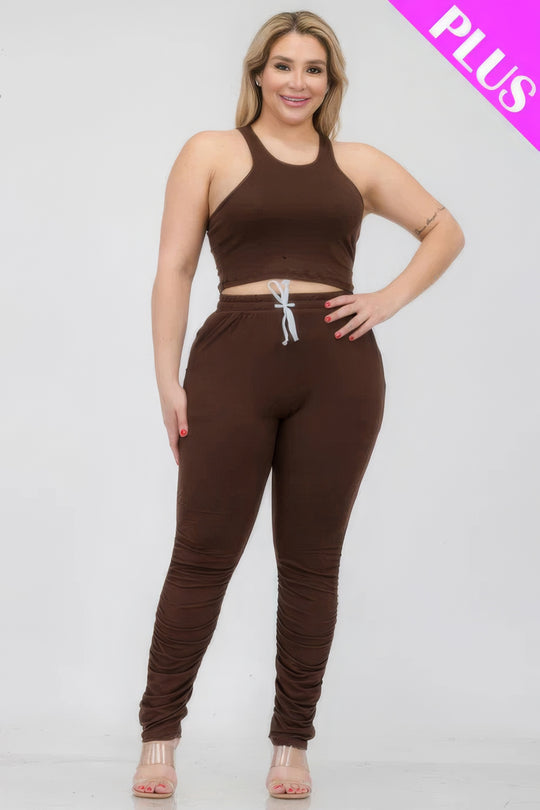 Plus Size Crop Tank Top & Ruched Pants Set - Love it Curvy