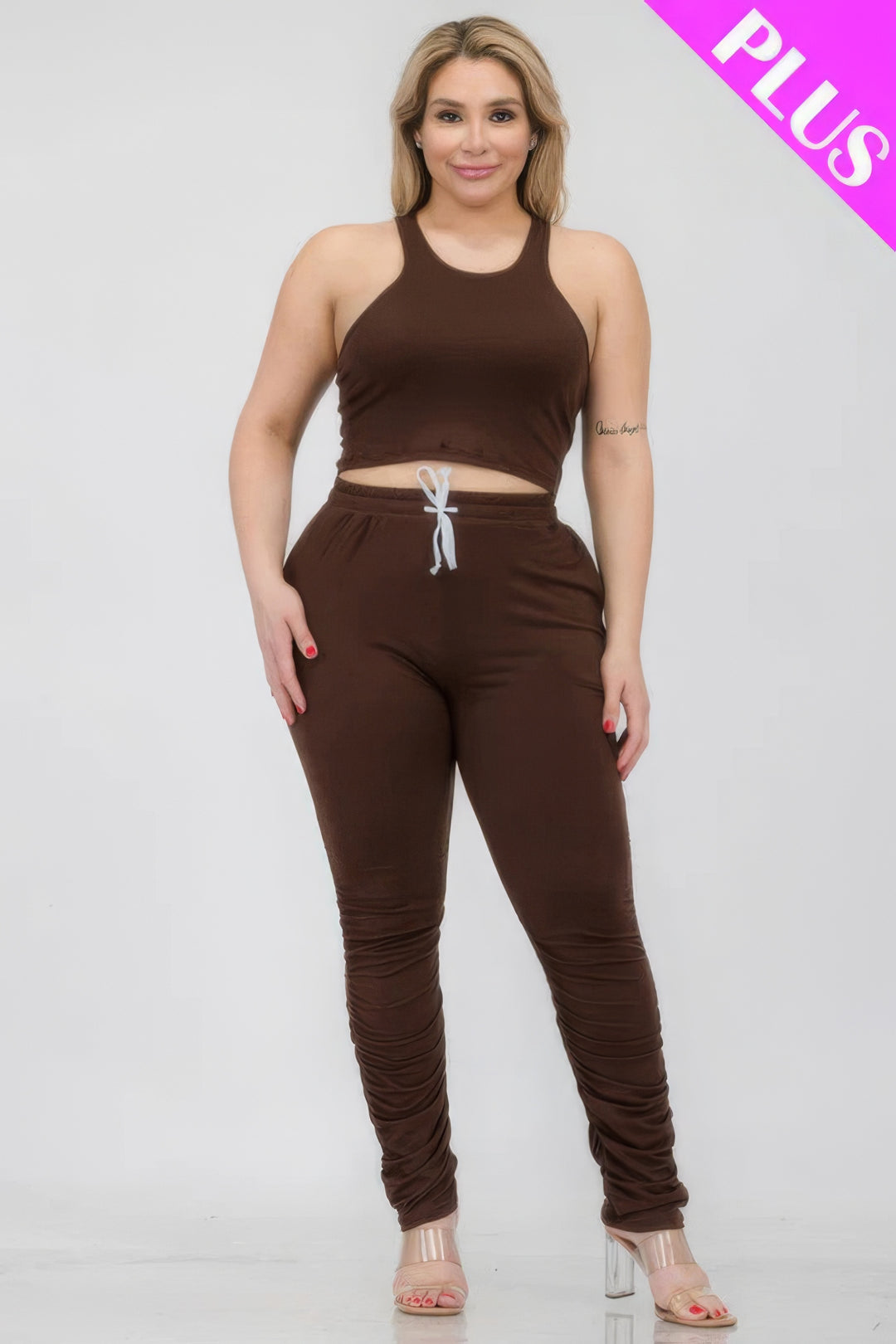 Plus Size Crop Tank Top & Ruched Pants Set - Love it Curvy