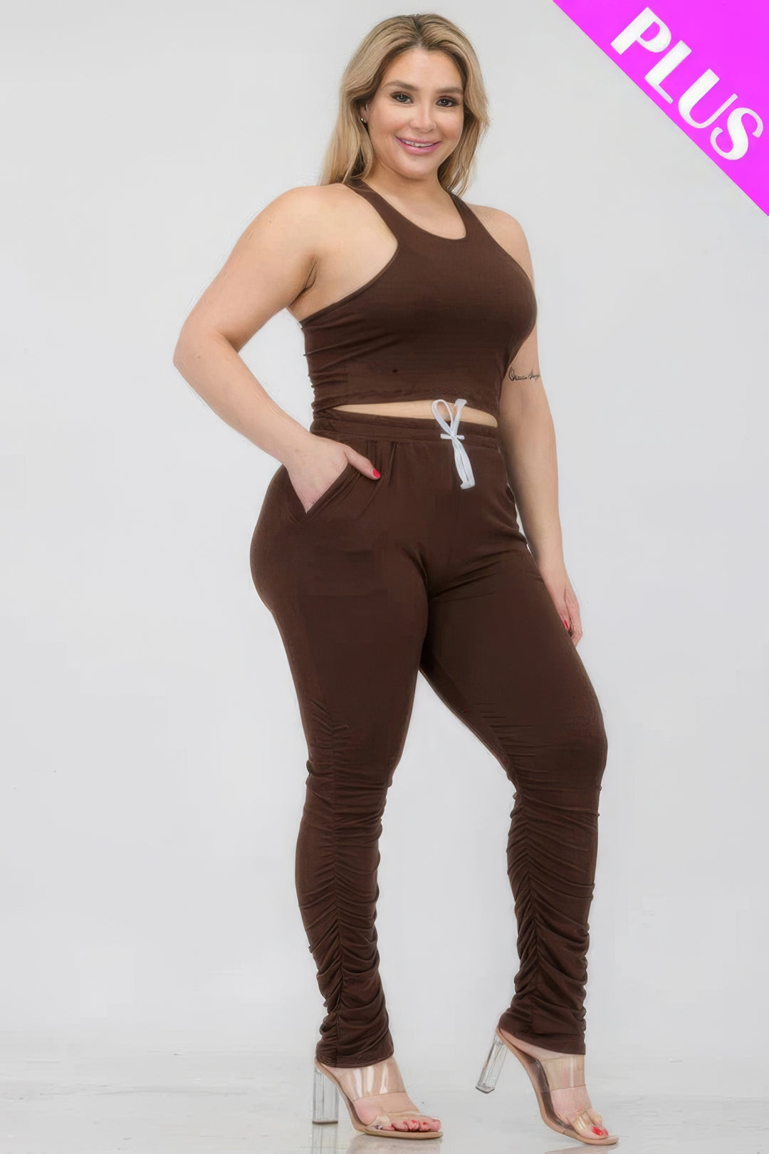 Plus Size Crop Tank Top & Ruched Pants Set - Love it Curvy