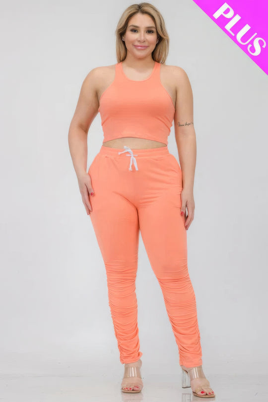 Plus Size Crop Tank Top & Ruched Pants Set - Love it Curvy