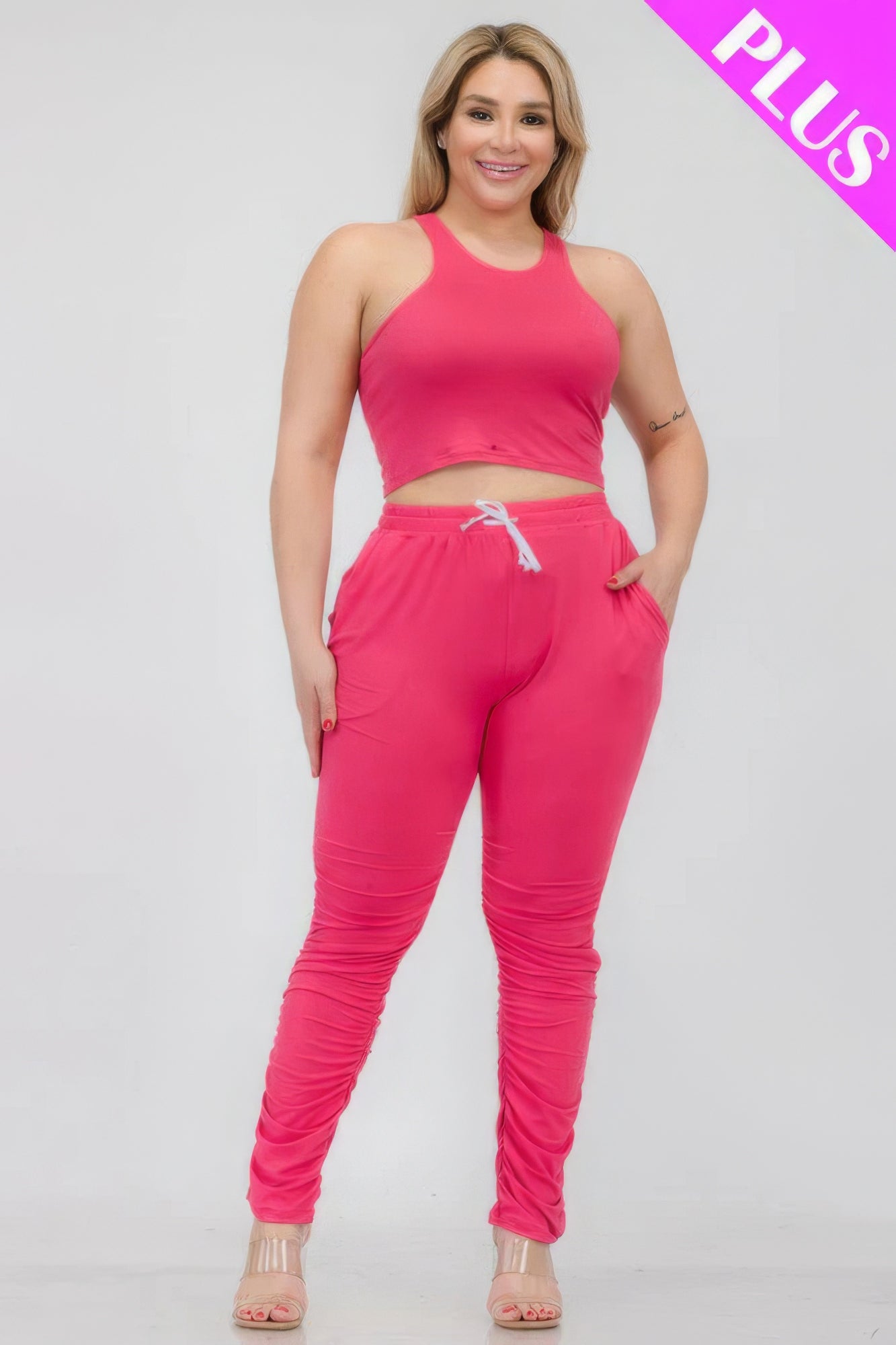 Plus Size Crop Tank Top & Ruched Pants Set - Love it Curvy