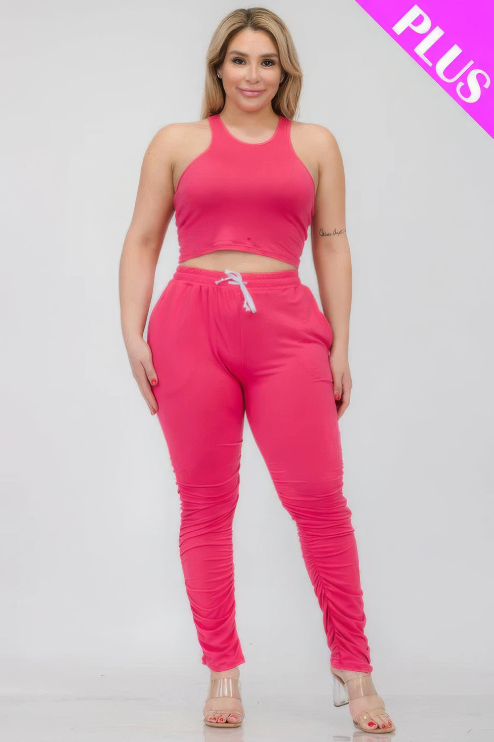 Plus Size Crop Tank Top & Ruched Pants Set - Love it Curvy