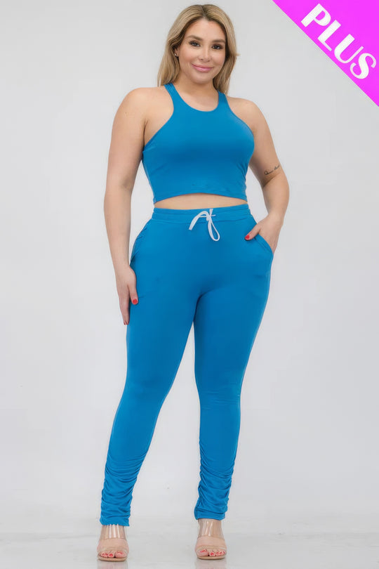 Plus Size Crop Tank Top & Ruched Pants Set - Love it Curvy