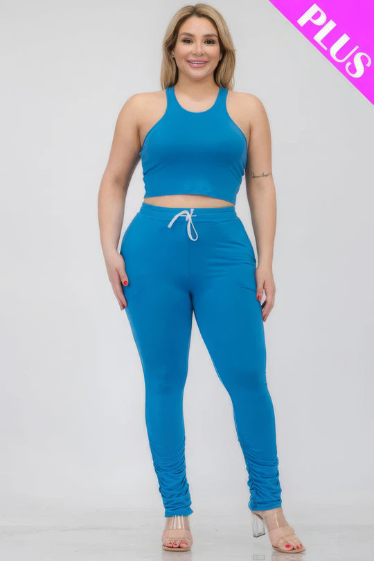 Plus Size Crop Tank Top & Ruched Pants Set - Love it Curvy