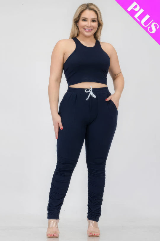 Plus Size Crop Tank Top & Ruched Pants Set - Love it Curvy
