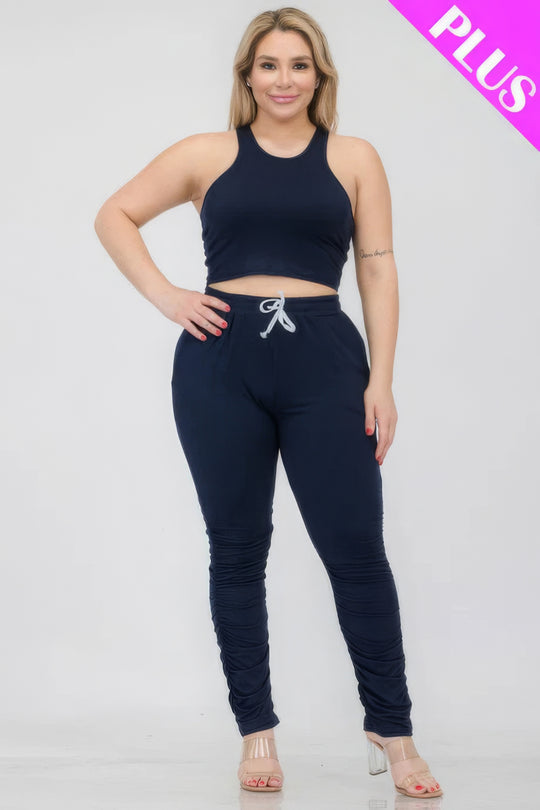 Plus Size Crop Tank Top & Ruched Pants Set - Love it Curvy
