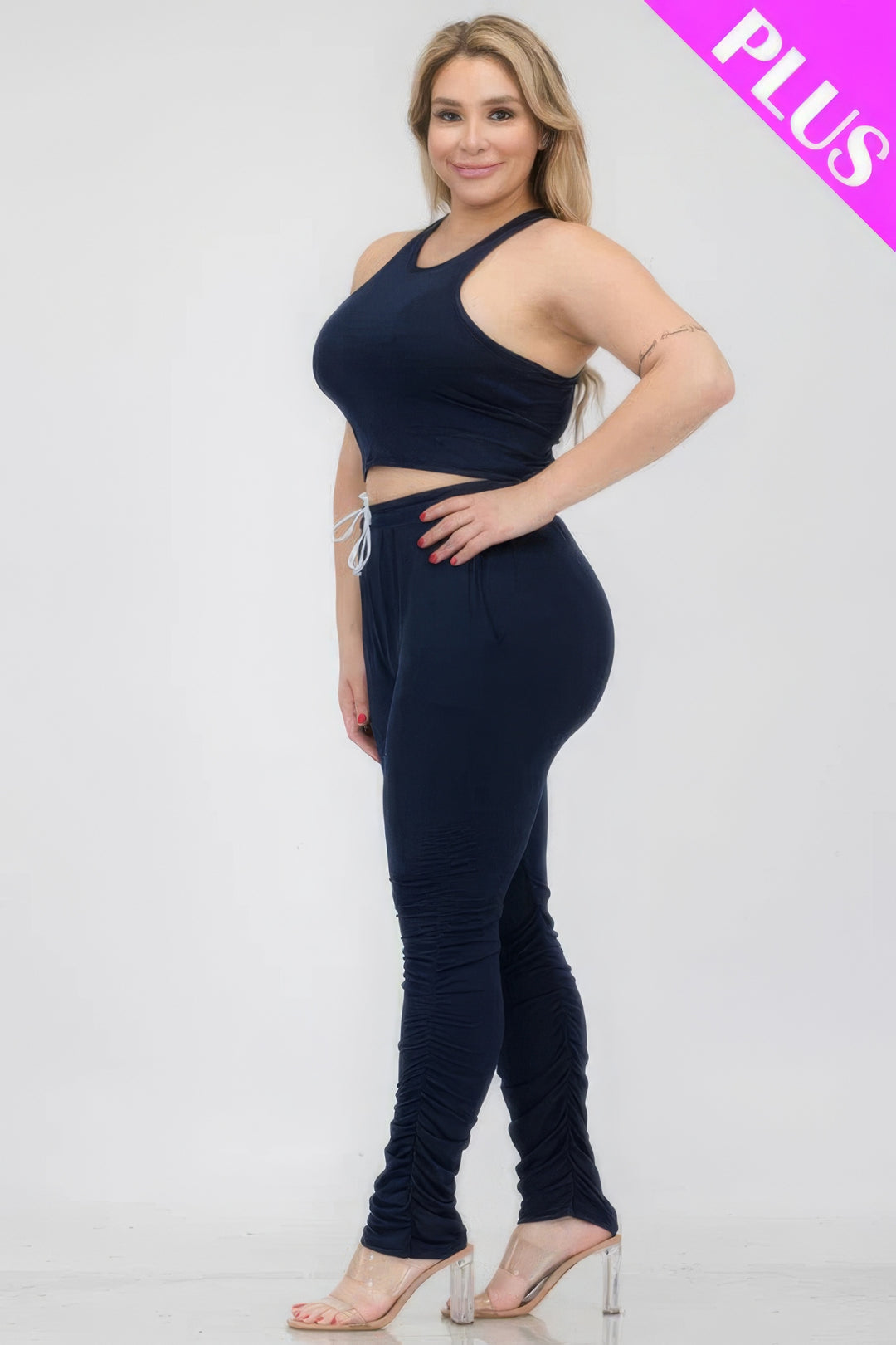 Plus Size Crop Tank Top & Ruched Pants Set - Love it Curvy