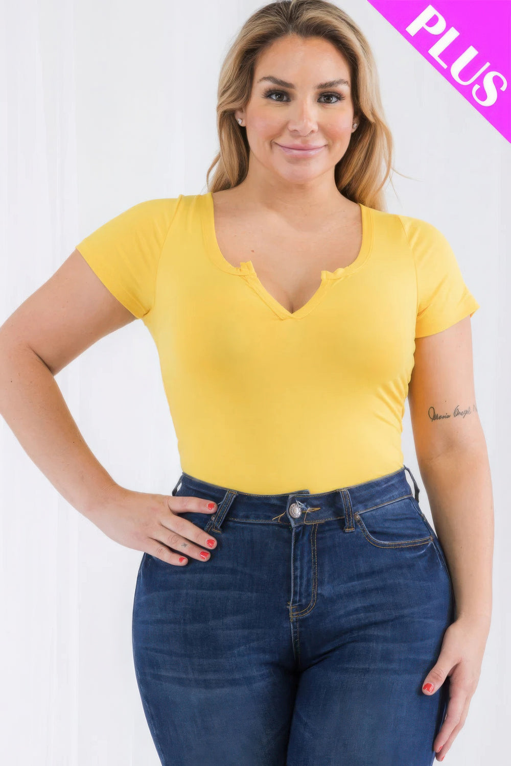 Plus Size Casual Split Neck Solid Short Sleeve Bodysuit - Love it Curvy