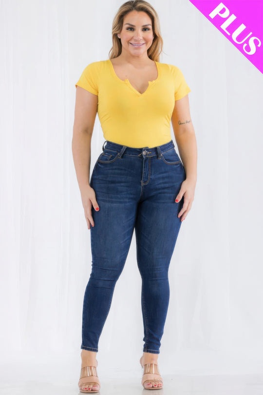 Plus Size Casual Split Neck Solid Short Sleeve Bodysuit - Love it Curvy