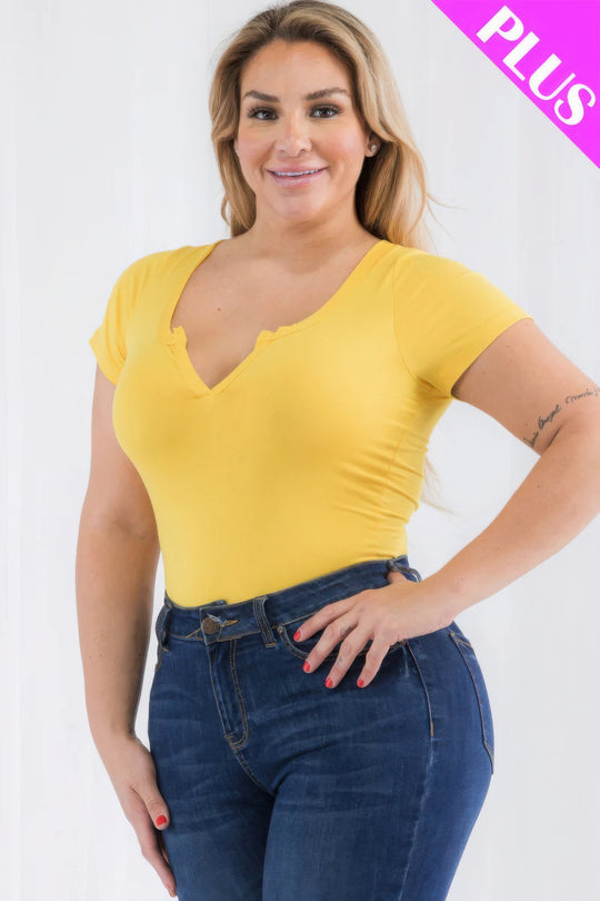 Plus Size Casual Split Neck Solid Short Sleeve Bodysuit - Love it Curvy