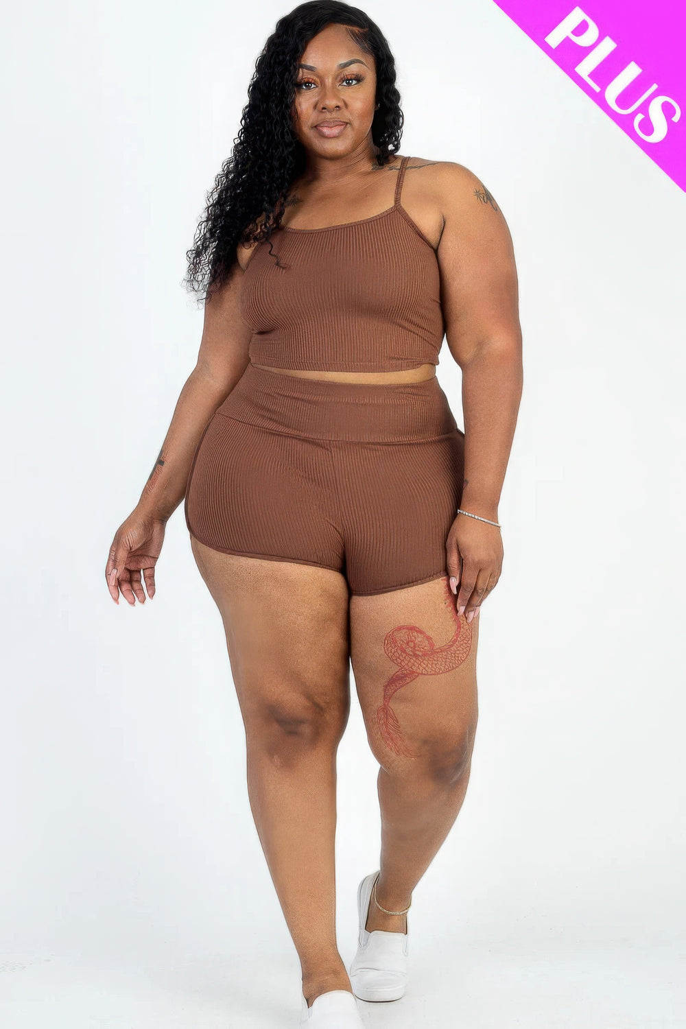 Plus Size Ribbed Cami Crop Top & Ruched Shorts Set - Love it Curvy