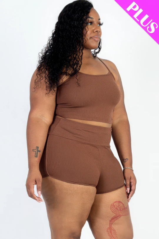 Plus Size Ribbed Cami Crop Top & Ruched Shorts Set - Love it Curvy