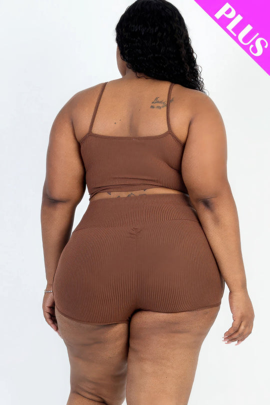 Plus Size Ribbed Cami Crop Top & Ruched Shorts Set - Love it Curvy
