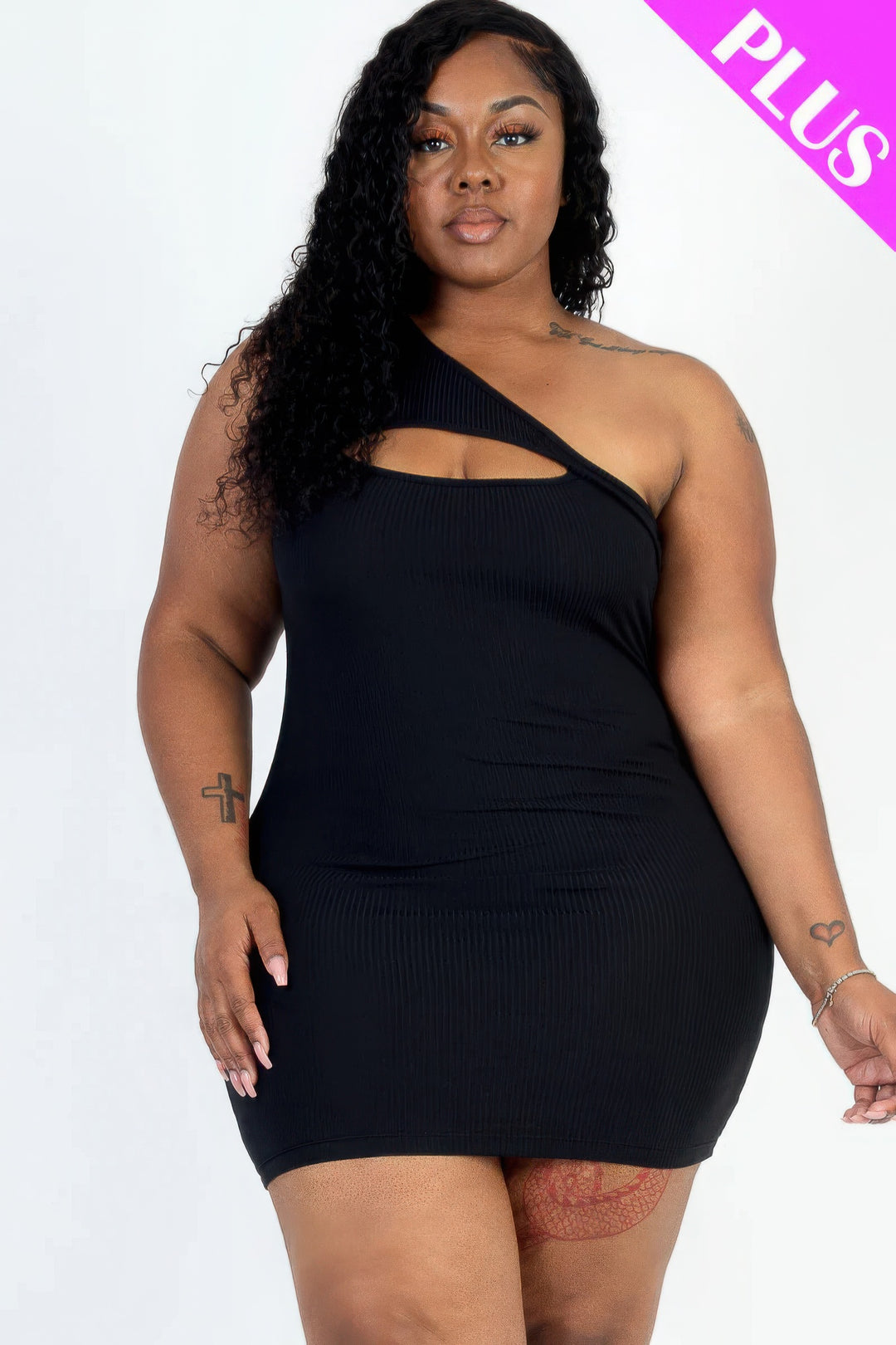 Plus Size Ribbed One Shoulder Cutout Front Casual Mini Bodycon Dress - Love it Curvy