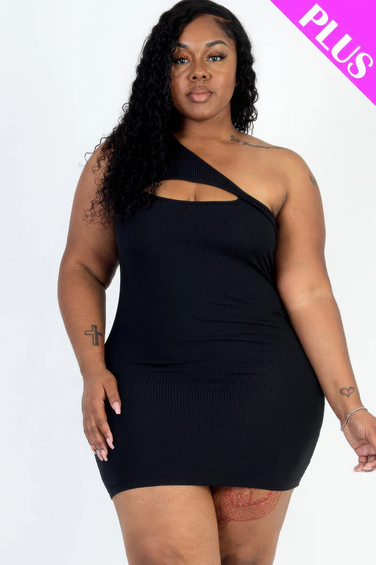 Plus Size Ribbed One Shoulder Cutout Front Casual Mini Bodycon Dress - Love it Curvy