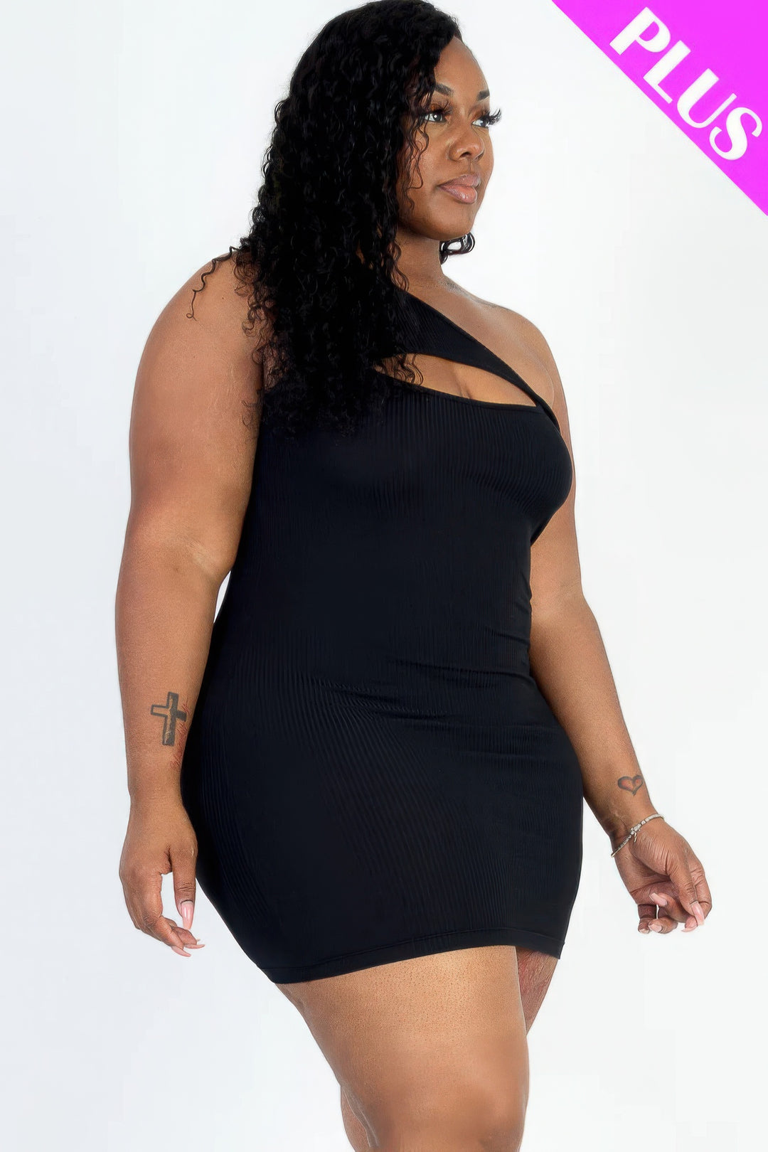 Plus Size Ribbed One Shoulder Cutout Front Casual Mini Bodycon Dress - Love it Curvy