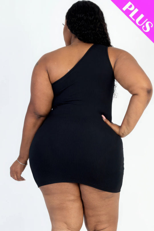 Plus Size Ribbed One Shoulder Cutout Front Casual Mini Bodycon Dress - Love it Curvy