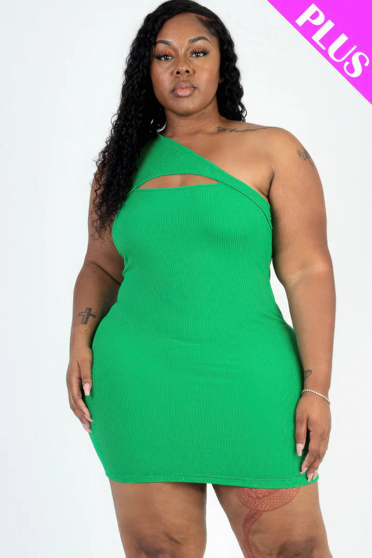 Plus Size Ribbed One Shoulder Cutout Front Casual Mini Bodycon Dress - Love it Curvy