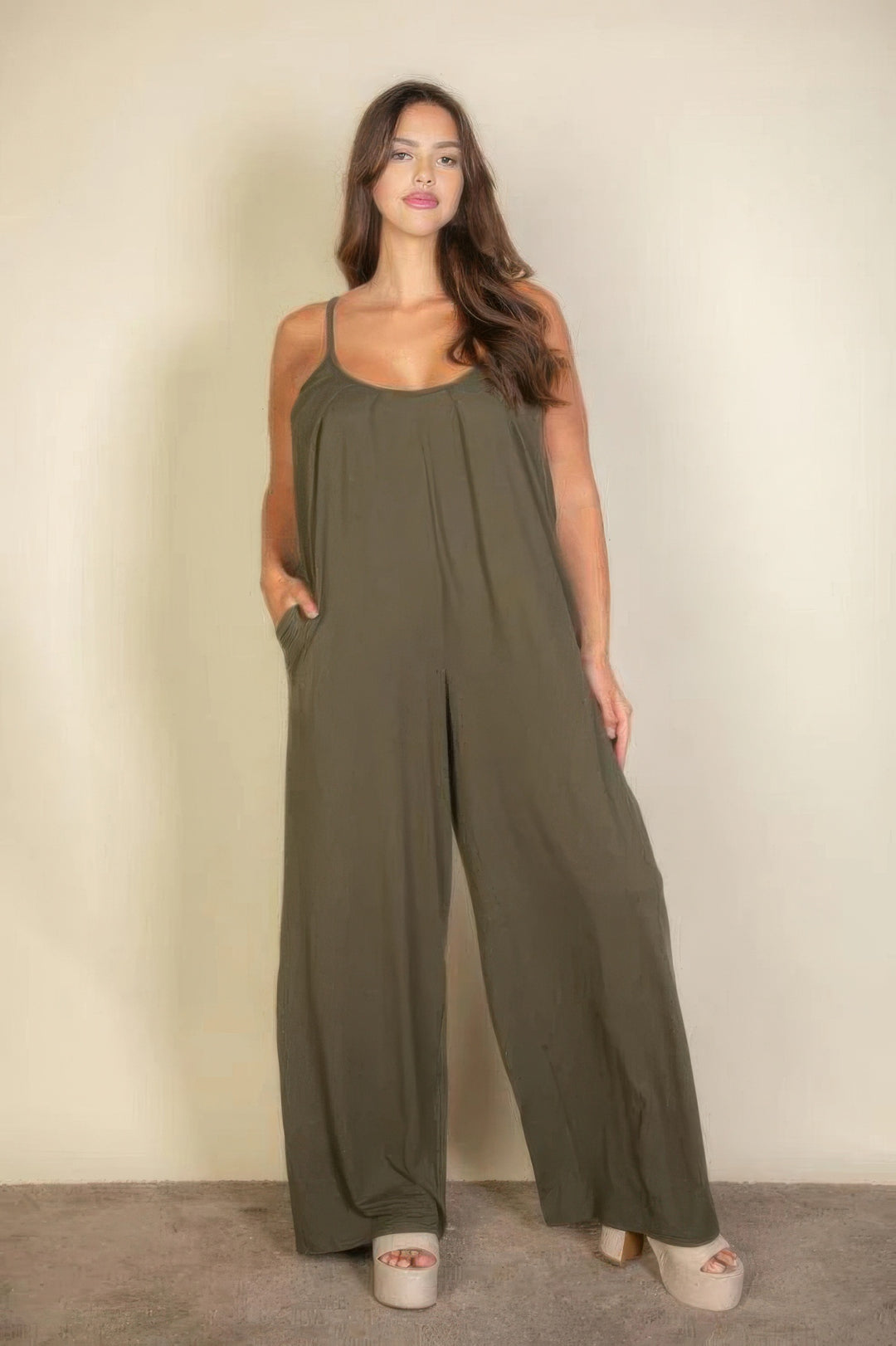 Plus spaghetti strap solid wide jumpsuit - Love it Curvy
