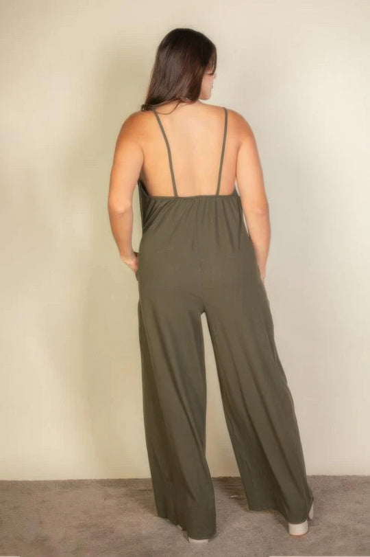 Plus spaghetti strap solid wide jumpsuit - Love it Curvy