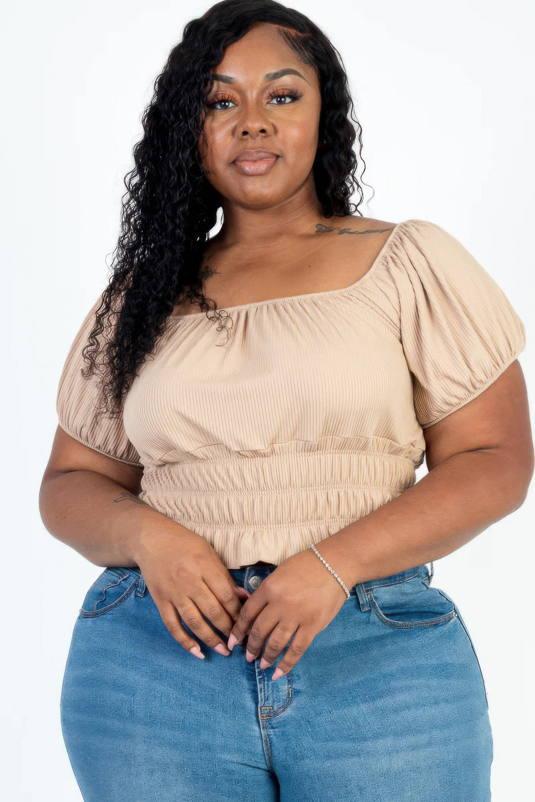 Plus size casual ruched puff sleeve ribbed knit solid top - Love it Curvy