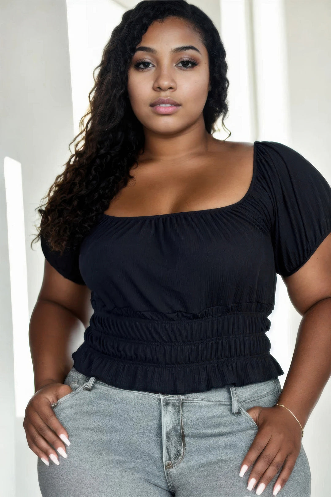 Plus size casual ruched puff sleeve ribbed knit solid top - Love it Curvy