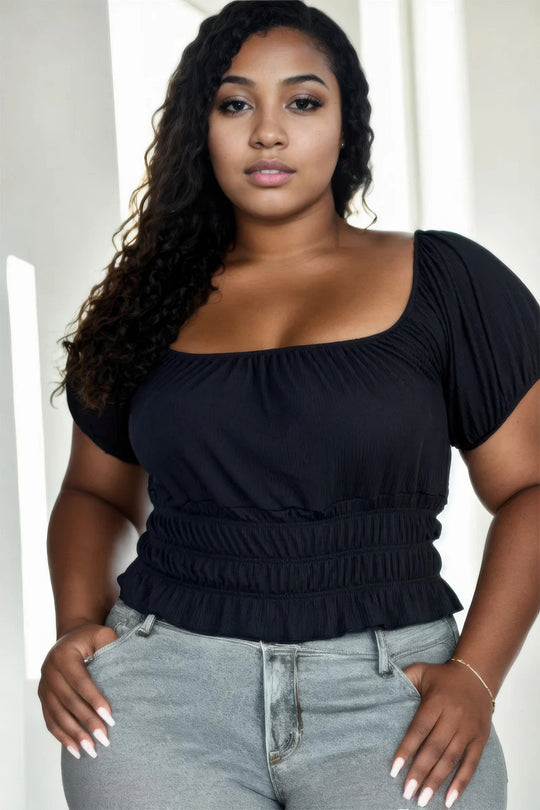 Plus size casual ruched puff sleeve ribbed knit solid top - Love it Curvy