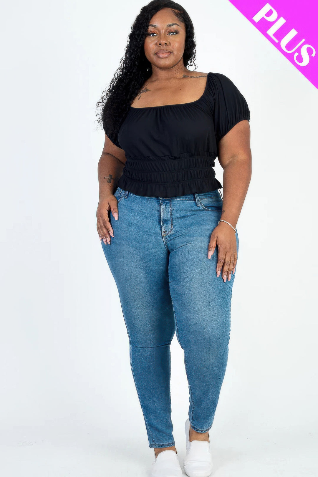 Plus size casual ruched puff sleeve ribbed knit solid top - Love it Curvy