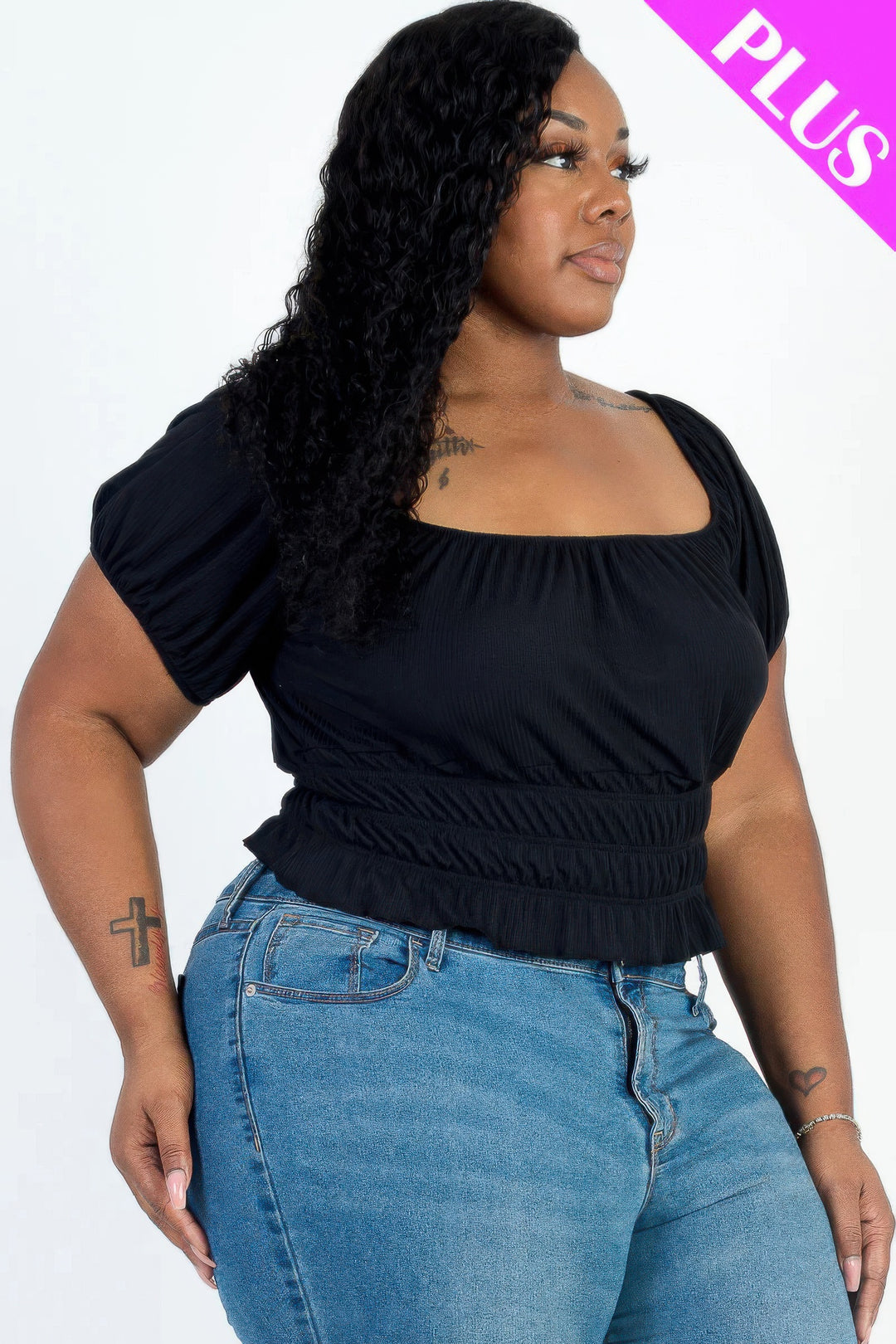 Plus size casual ruched puff sleeve ribbed knit solid top - Love it Curvy