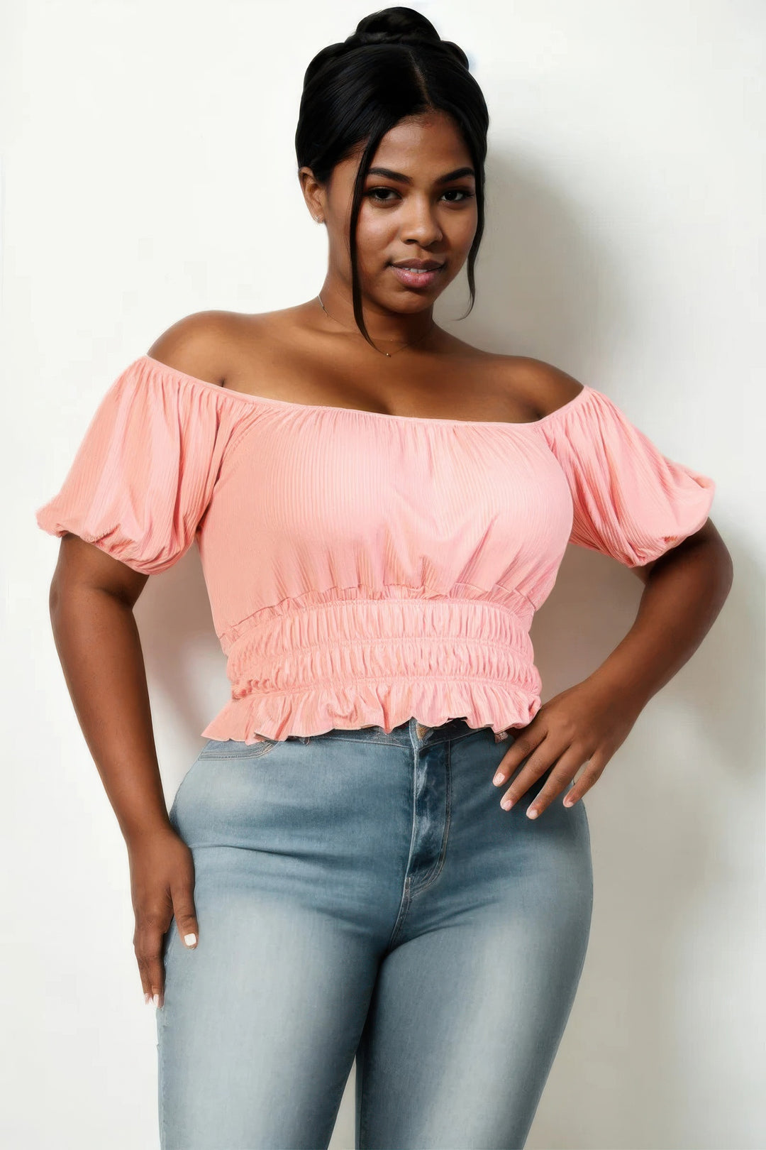 Plus size casual ruched puff sleeve ribbed knit solid top - Love it Curvy