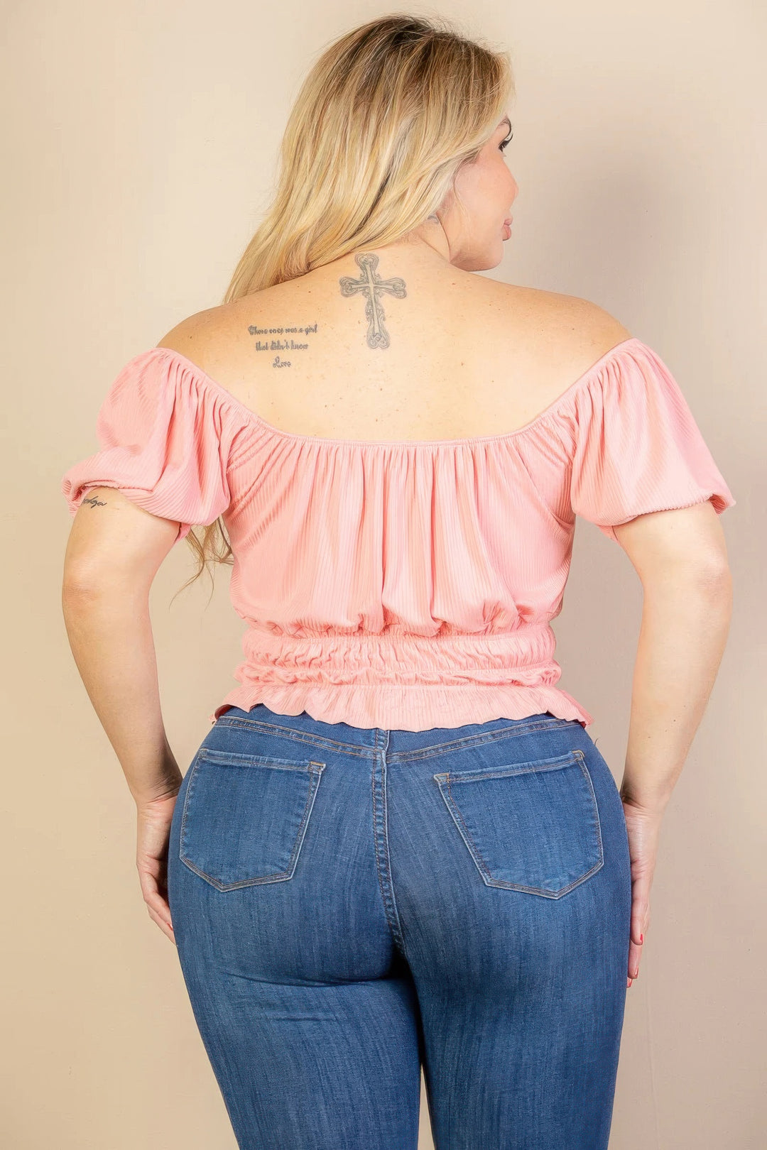 Plus size casual ruched puff sleeve ribbed knit solid top - Love it Curvy